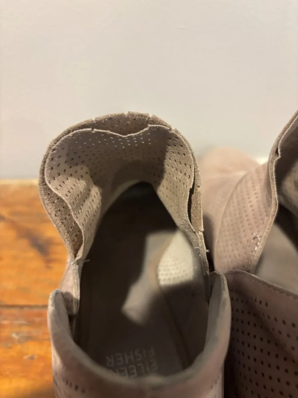 Eileen Fisher Leaf bootie perforated tan suede size 8.